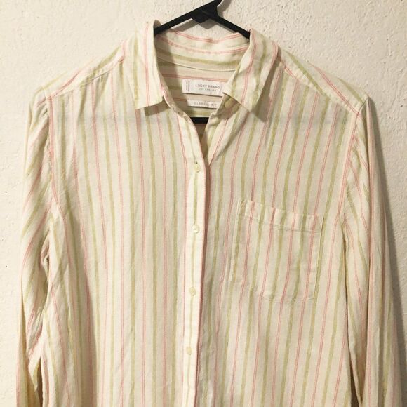 Lucky Brand Classic Fit Cream Striped Linen Button Down Size Small - Picture 2 of 6